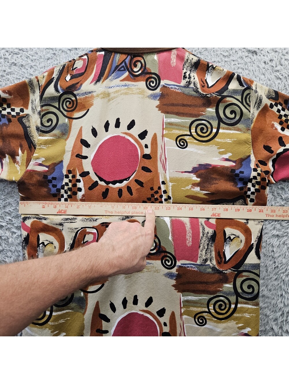 Vintage 70s ACEWIN Polo Shirt Rayon Men Large Art Abstract All Over Print - Picture 8 of 11